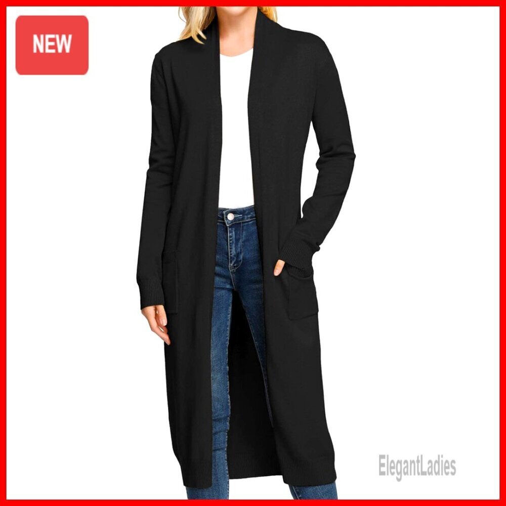 Long Open Front Maxi Cardigan Sweater, Lightweight Knit, Regular Fit